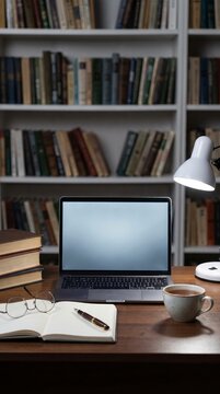 Home library desk with a laptop screen template surrounded by books and warm lamp light
