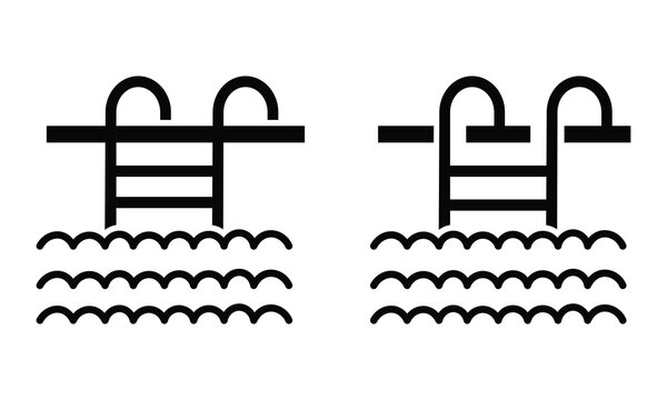 Swimming Pool Ladder Icon Set with Water Waves and Clean Line Art for Aquatic Recreation Design vector illustration.