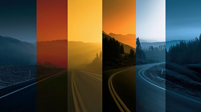 Dramatic highway landscape collage showing winding roads through mountains and forests in changing golden and blue light for travel and editorial design.

