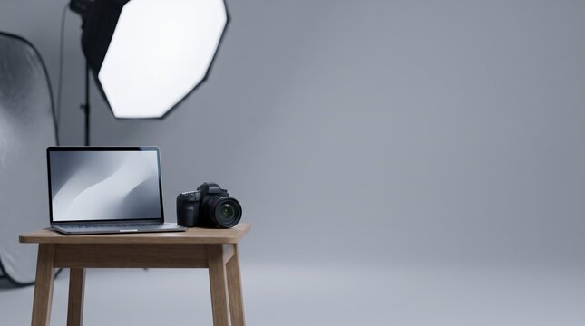 Photography studio stool holding a laptop template beside a camera and softbox light