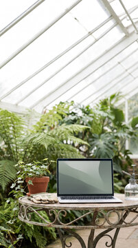 Lush botanical greenhouse with a laptop template on a wrought iron garden table