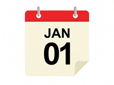 Calendar page showing january 01 with red header january first new year