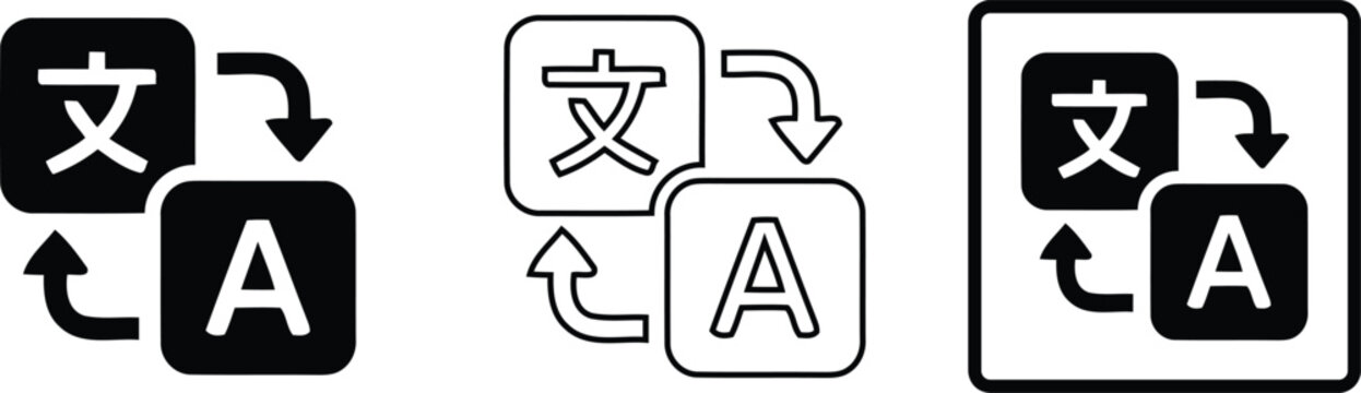 Set of three language translation icons featuring japanese kanji and latin letter a with circular arrow symbols