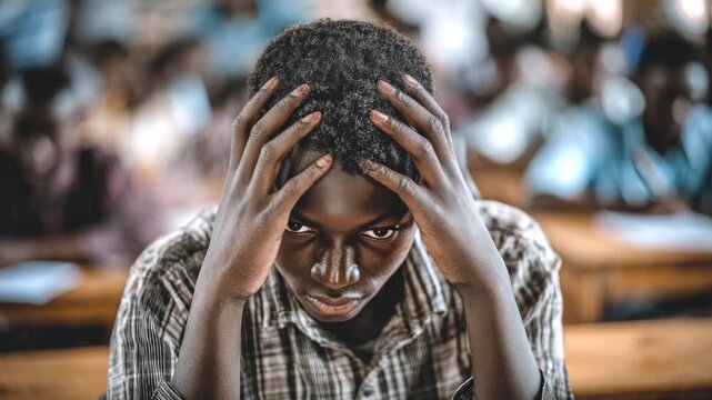 A stressed African American boy holds his head while studying in class. The concept of student stress, mental health problems and academic difficulties