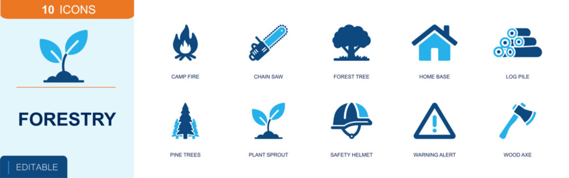 Forestry icon set. Containing camp fire, chain saw, forest tree, home base, log pile, pine trees, plant sprout, safety helmet, warning alert, wood axe and more. Solid fill vector icons.