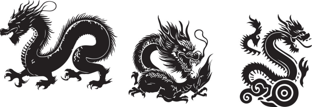 Chinese dragon illustrations set featuring three artistic black mythical creature silhouettes isolated on transparent background