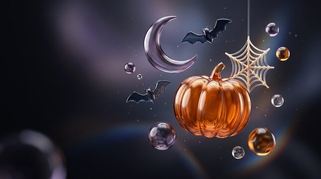 Halloween pumpkin with spider web and moon on a dark background
