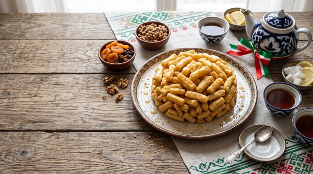 Traditional Tatar chak chak honey dessert with tea, walnuts and dried fruits celebrating Republic Day of Tatarstan on rustic wooden table