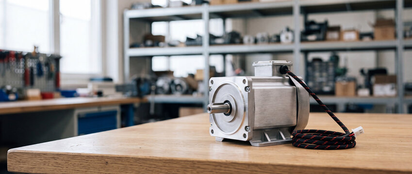 Electric motor on workshop workbench in industrial manufacturing and engineering environment