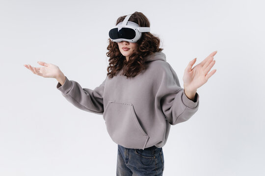 Young asian female experiencing virtual reality with vr headset