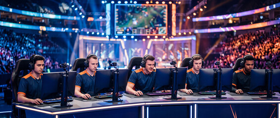 Fototapeta premium Professional esports team competing in high-stakes gaming tournament with live audience and stadium production