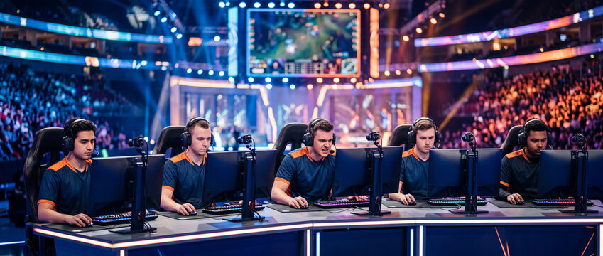 Professional esports team competing in high-stakes gaming tournament with live audience and stadium production