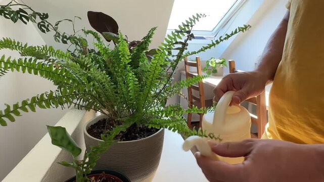 Man watering a houseplant with a watering can at home