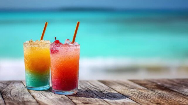 Two refreshing tropical cocktails with ice and straws on a wooden table at a bar by the sea. The concept of summer vacation, beach relaxation and resort recreation