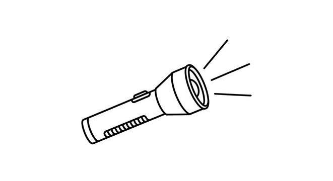 Minimalist outline flashlight icon with light rays isolated on a transparent background for digital interface design and web graphics