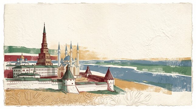 Republic Day of Tatarstan vintage illustration of Kazan Kremlin and Qol Sharif Mosque with national colors on textured handmade paper