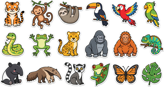 colorful jungle animals and plants stickers
