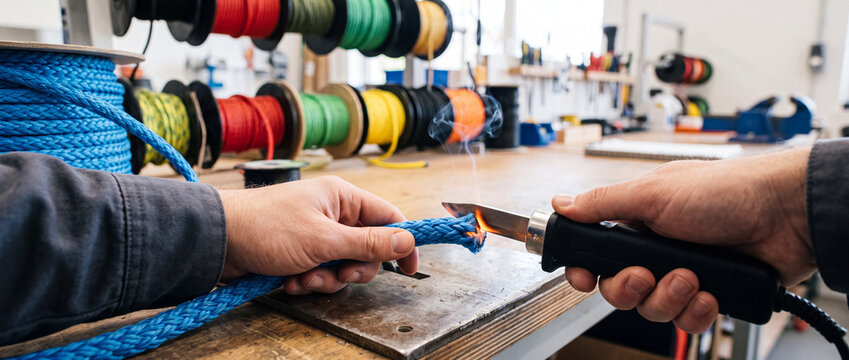 Hands sealing blue braided rope with hot knife on workshop bench with spools of cordage