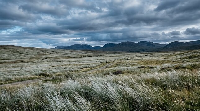 Cinematic landscape of rolling hills and dramatic storm clouds over wild grassy meadows with distant mountains