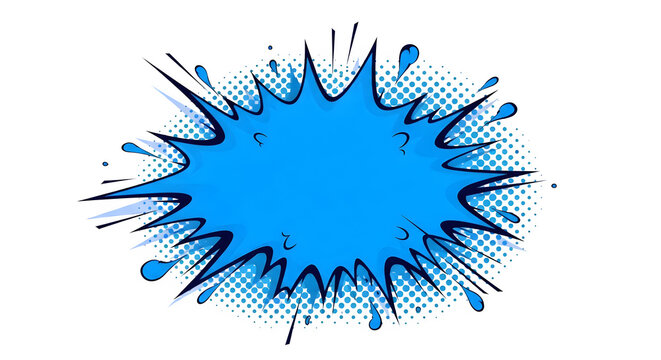 Comic book style blue explosion burst speech bubble sticker design isolated on a transparent background for creative graphic projects