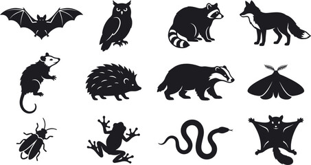 Fototapeta premium Forest Wildlife Animal Silhouette Icon Set - Black Vector Illustration Collection