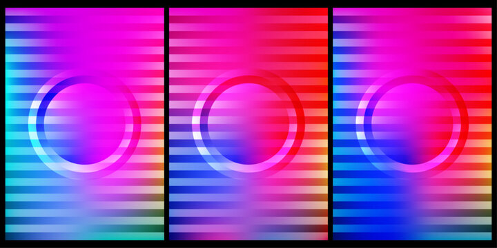 Retro Sun Circle Gradient Triptych Background with Colorful Horizontal Stripes and Vaporwave Panels
