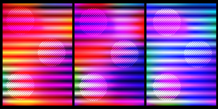 Colorful Neon Rainbow Panels with Striped Circles Abstract Triptych Background Design