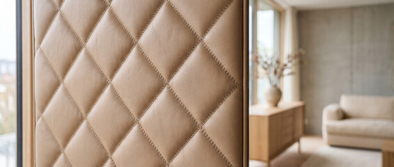 Naklejka premium Close-up quilted leather room divider panel in modern beige living room with sofa and vase