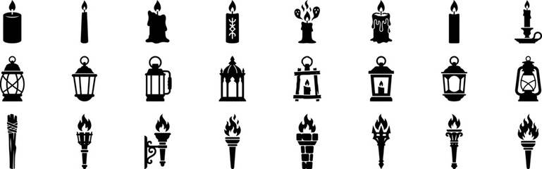 Naklejka premium A collection of black and white candle and lantern icons for a creative halloween vector design project