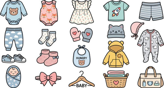 cute baby clothes and accessories illustration