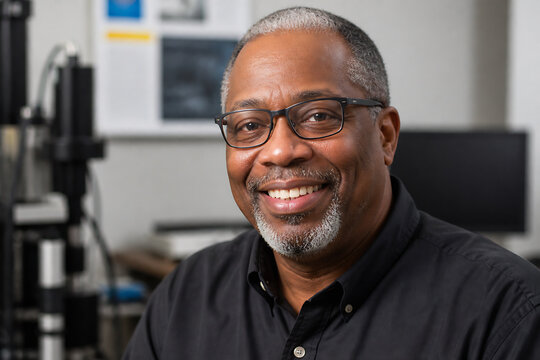 A smiling, older Black man wearing glasses and a black shirt is pictured indoors in what appears to be a laboratory or office setting.