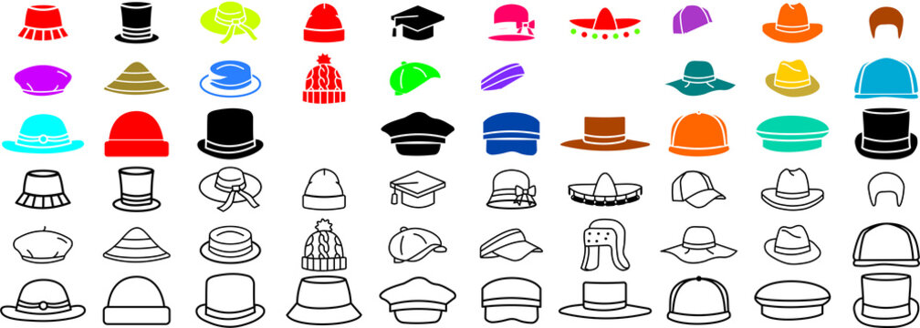 Set of colorful and black and white hat icons in different styles