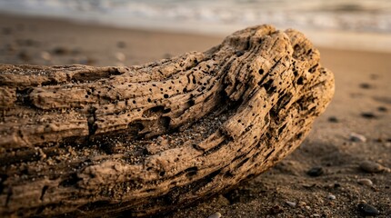 Fototapeta premium Close Up View of Weathered Driftwood Log with Intricate Holes on a Sandy Beach at Sunset with Ocean Background