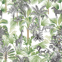 Naklejka premium Toile jungle seamless pattern. Tropical palm tree, plants, African animals wallpaper.