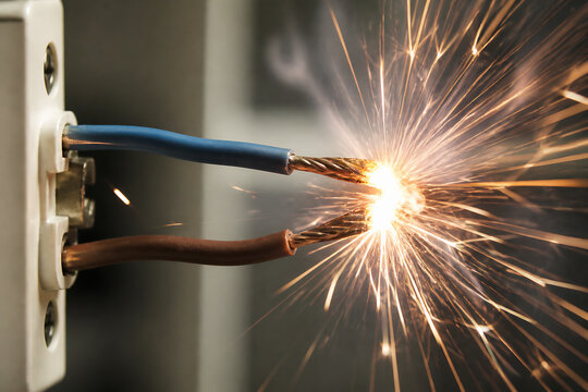 Electrical wires are being connected with a bright, intense spark of welding or soldering in an indoor setting.