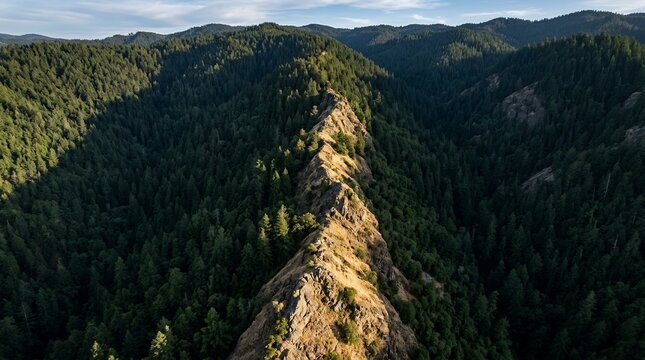 Panoramic Aerial View of a Narrow Rocky Mountain Ridge Spine Surrounded by Dense Evergreen Pine Forest at Golden Hour
