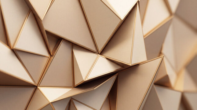 Abstract 3D Low Poly Geometric Background with Champagne Gold Triangular Polymorphic Structures