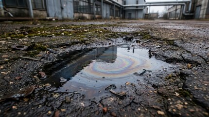 Fototapeta premium Close-up oil slick in a puddle with rainbow sheen on cracked asphalt near an industrial plant for pollution hazard background and environmental awareness design