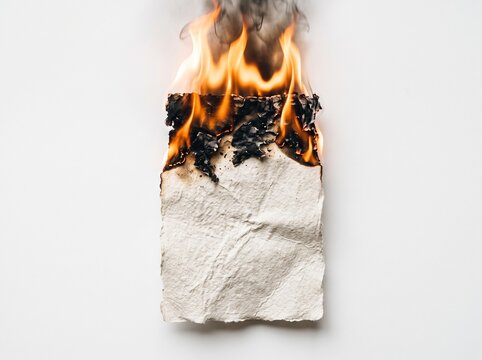 Burning piece of vintage paper with bright orange flames and smoke