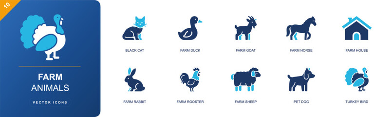Obraz premium Farm animals icon set. Containing domestic black cat, farm duck, farm goat, farm horse, farmhouse, farm rabbit, farm rooster, farm sheep, pet dog and more. Solid fill vector icons.