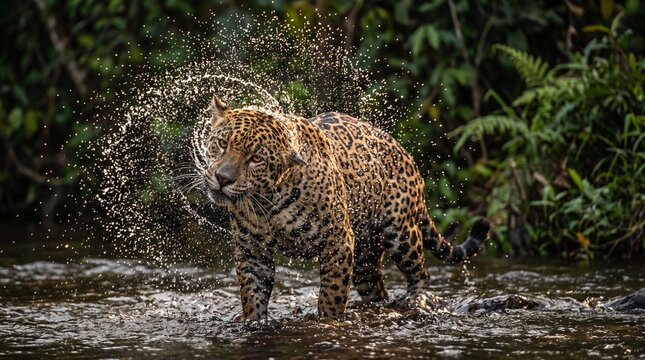 Jaguar Shaking Water Off Head in Rainforest River