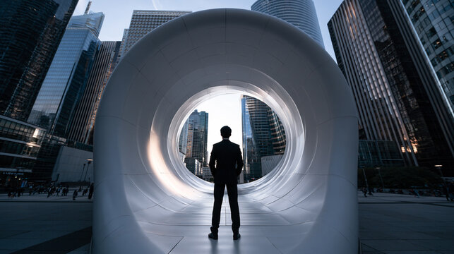 Businessman Standing in Modern Tunnel Overlooking City Skyline