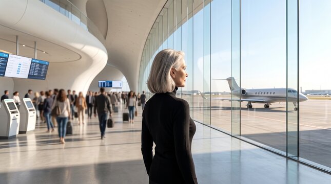 Mature Businesswoman Looking at Private Jet in Airport Terminal