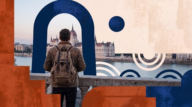Traveler Looking at Budapest Parliament with Abstract Geometric Collage