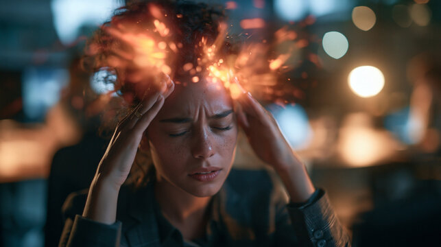 Businesswoman Suffering Severe Migraine and Stress Burnout at Work