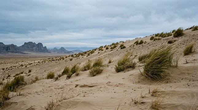 Scenic Desert Landscape Featuring Sand Dunes with Sparse Grass and Jagged Mountains Under a Cloudy Overcast Sky