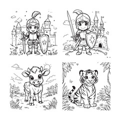 Fototapeta premium Cute coloring book page collection featuring knight castle cow and tiger line art brave knight cartoon castle little cow kids activity black and white