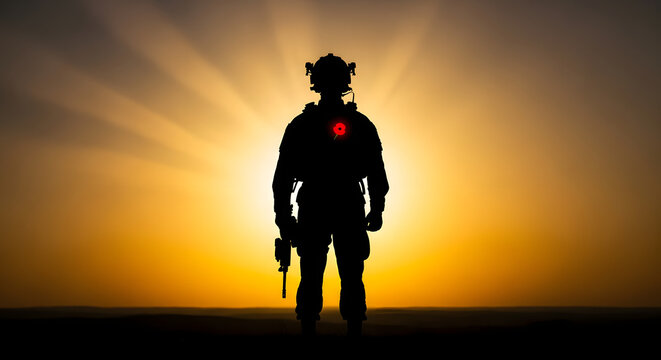 Silhouette of Soldier Standing at Attention during Sunrise