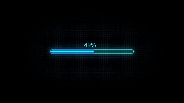 Glowing neon Status bar, process indicator from 0 to 100 increasing percentage, progress bar animation.Uploading,Download bar,update animation. grid background 4K stock video