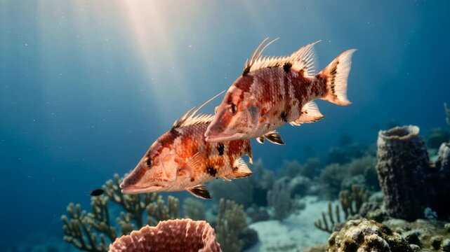 two hogfish close up underwater at morning light in florida keys coral reef usa